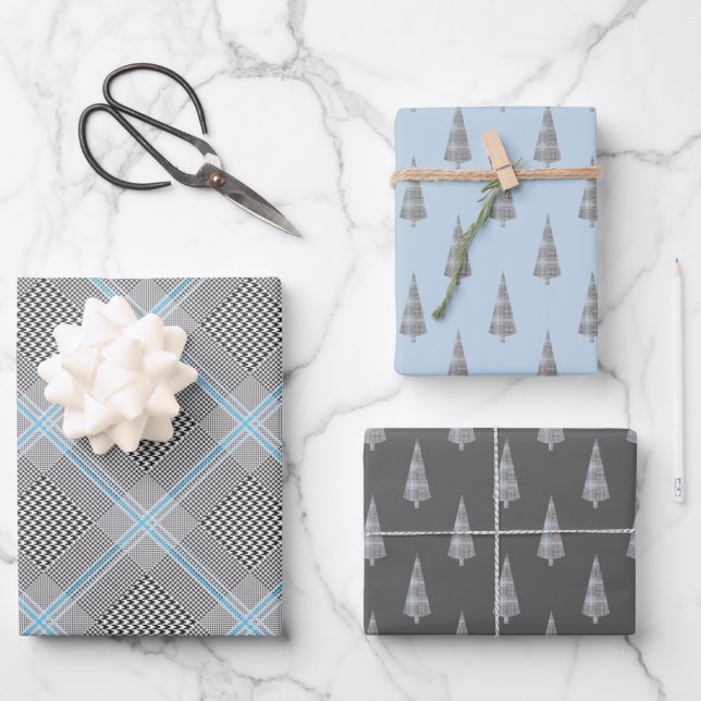Feuille De Papier Cadeau Chic Tartan bleu gris noir Motif (Recto)