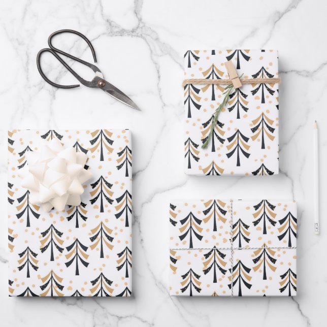 Feuille De Papier Cadeau Chic Trendy Black Gold Noël Arbres (Recto)
