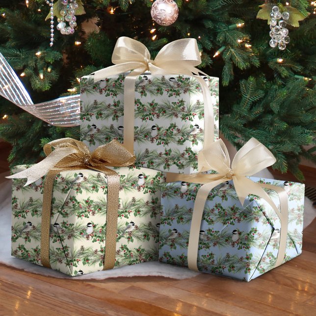 Feuille De Papier Cadeau Chickadee de Noël Holly et Pine (Créateur téléchargé)