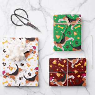 Feuille De Papier Cadeau Chien beagle avec chapeau de Noël