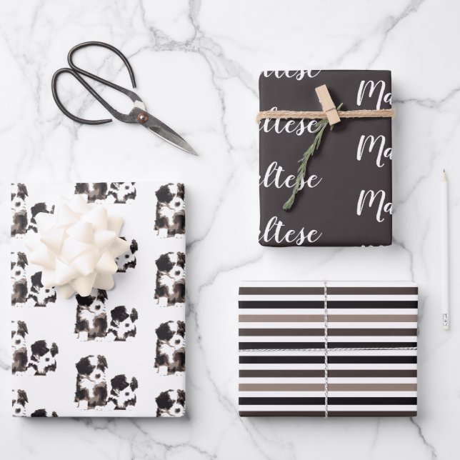 Feuille De Papier Cadeau Chien chiot maltais noir et blanc (Recto)