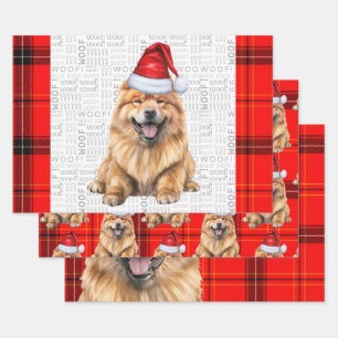 Feuille De Papier Cadeau Chien Chow Chow Père Noël sur Red Plaid Christmas