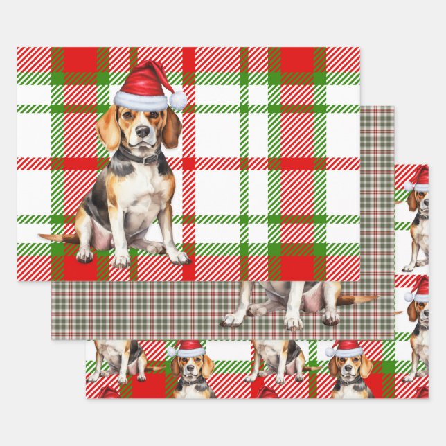 Feuille De Papier Cadeau Chien de Noël beagle Rouge Vacances Plaid (Lot)