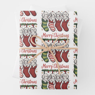 Feuille De Papier Cadeau Chien de Noël Chiots mignons dans des chaussettes
