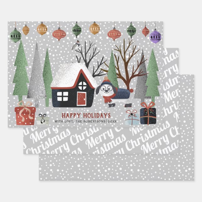 Feuille De Papier Cadeau Chien d'hiver, Joyeux Noël et flocons de neige (Lot)