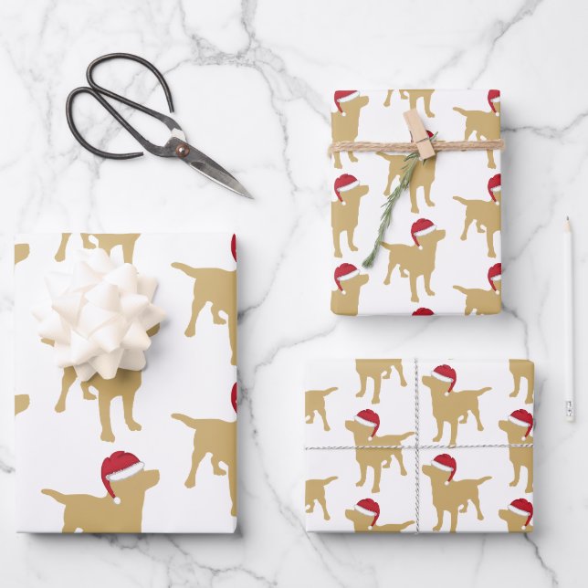 Feuille De Papier Cadeau Chien jaune de Noël du Labrador à Santa Hat (Recto)