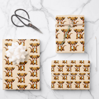 Feuille De Papier Cadeau Chien joyeux, brun, assis