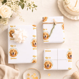 Feuille De Papier Cadeau Chien Retriever doré photo or blanc