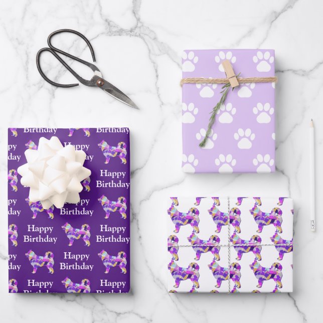 Feuille De Papier Cadeau Chien Sibérie Husky Silhouette Purple 3 Différent (Recto)