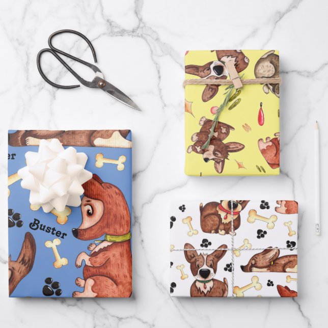 Feuille De Papier Cadeau Chiens Anniversaire Ajouter Nom Jeu de 3 (Recto)