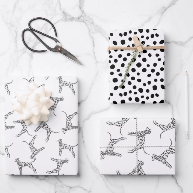 Feuille De Papier Cadeau Chiens dalmate noir et blanc  (Recto)