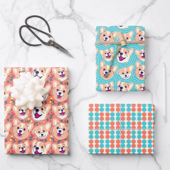 Feuille De Papier Cadeau Chiens de Corgi mignons (Recto)