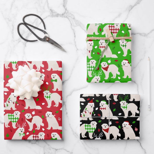 Feuille De Papier Cadeau Chiens de Noël des Grands Pyrénées (Recto)