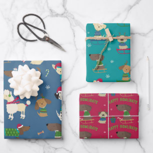 Feuille De Papier Cadeau Chiens de Noël mignons Caricature Motif Rouge Bleu