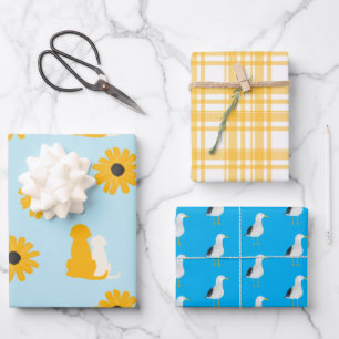 Feuille De Papier Cadeau Chiens, Fleurs, Mouettes, Ensemble de 3 enveloppes