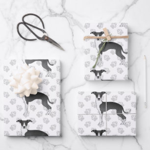 Feuille De Papier Cadeau Chiens Grisons Italiens Noirs Et Blancs Avec Paws