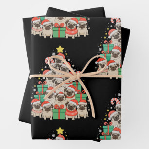 Feuille De Papier Cadeau Chiens Pugs Sapin de Noël Xmas Papa Maman Famille