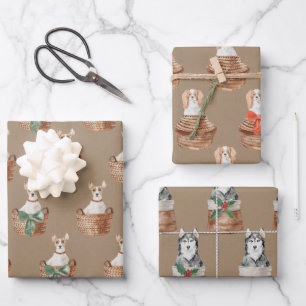 Feuille De Papier Cadeau Chiens Rustiques Kraft Dans Un Panier En Osier