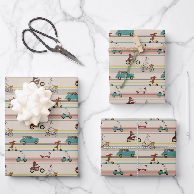 Feuille De Papier Cadeau Chiens se déplaçant dans les véhicules Motif (Recto)