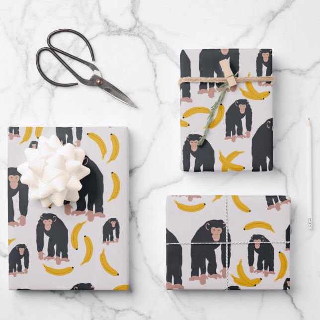 Feuille De Papier Cadeau Chimpanzé singe et Motif bananier (Recto)