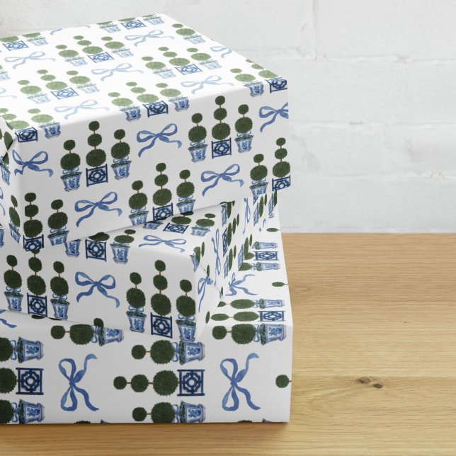 Feuille De Papier Cadeau Chinoiserie Arbre Topiaire Bow Bleu (Chinoiserie topiary trees with blue bow gift wrapping paper)