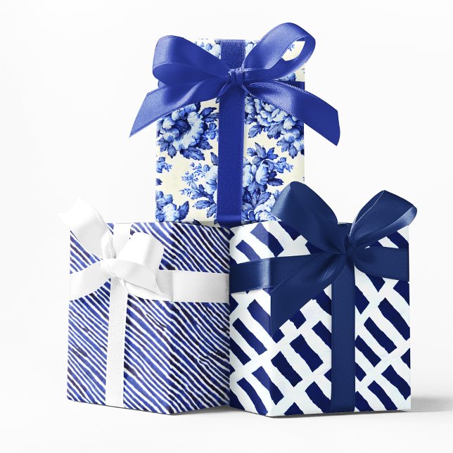 Feuille De Papier Cadeau Chinoiserie Bleu Blanc Floral et rayures (Créateur téléchargé)