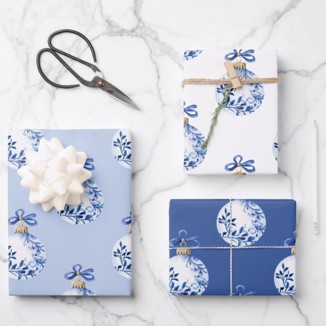 Feuille De Papier Cadeau Chinoiserie Bleu & Blanc Ornements de Noël (Recto)