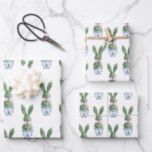 Feuille De Papier Cadeau Chinoiserie Bleue et Blanche avec Topiaire de Lapi