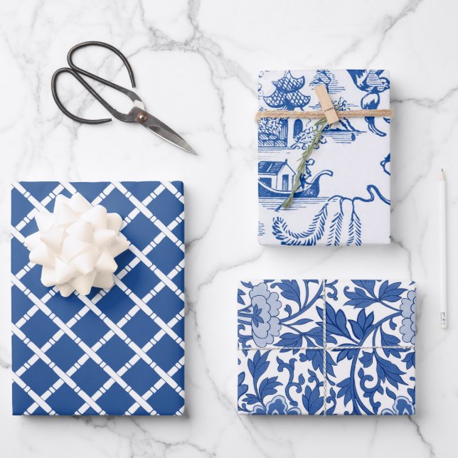 Feuille De Papier Cadeau Chinoiserie Chic Bamboo | Bleu et blanc (Recto)