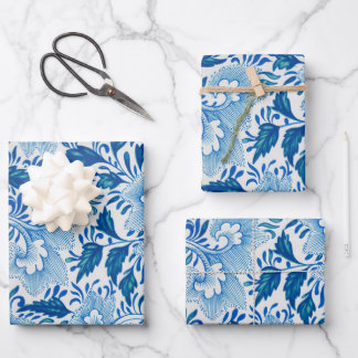 Feuille De Papier Cadeau Chinoiserie Classique Asiatique Floral Blanc Bleu