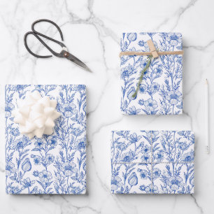 Feuille De Papier Cadeau Chinoiserie de fleurs sauvages bleues et blanches
