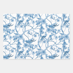 Feuille De Papier Cadeau Chinoiserie Floral Oiseau Dusty Bleu Blanc Découpa