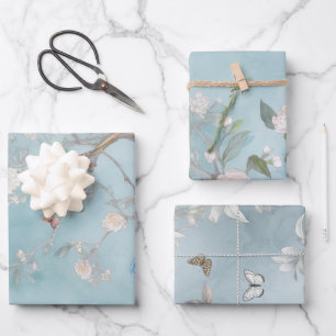 Feuille De Papier Cadeau Chinoiserie Lumière Turquoise et jeu de blues