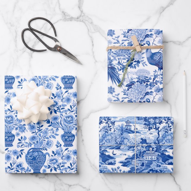 Feuille De Papier Cadeau Chinoiserie Pagode Bleue & Blanc Ginger Jars Oisea (Recto)