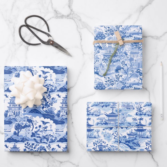Feuille De Papier Cadeau Chinoiserie Pagode Bleue & Blanche (Recto)