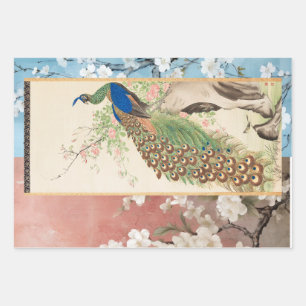 Feuille De Papier Cadeau Chinoiserie Peacock avec Dusty Rose et Faded Blue