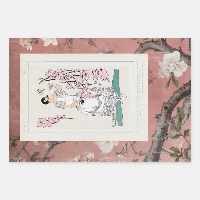 Feuille De Papier Cadeau Chinoiserie Rose Dusty + Mode (Devant 2)