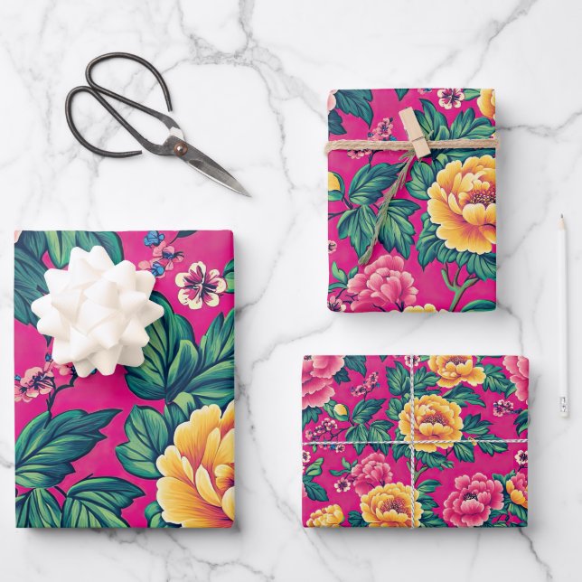 Feuille De Papier Cadeau Chinoiserie rose et jaune brillant Floral (Recto)