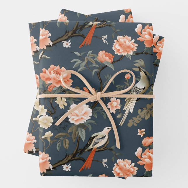 Feuille De Papier Cadeau Chinoiserie sur Denim Blue (En situation)