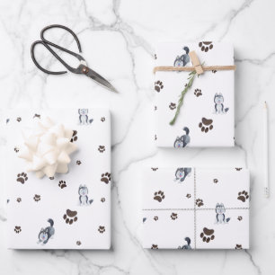 Feuille De Papier Cadeau Chiots Husky Sibérien Empreintes de Patte Traces