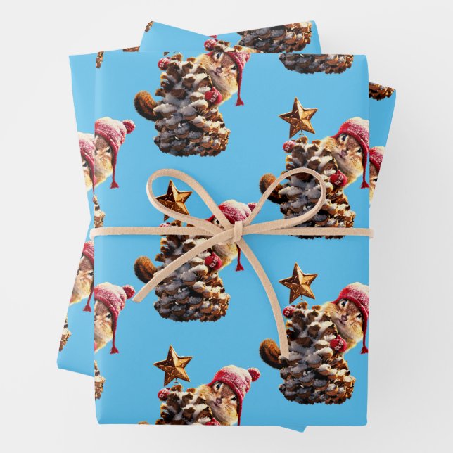 Feuille De Papier Cadeau Chipmunk Avec Pine Cone Tree (En situation)