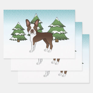 Feuille De Papier Cadeau Chocolat Brown Boston Terrier Dans Une Forêt D'Hiv