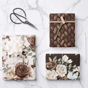 Feuille De Papier Cadeau Chocolat Brown crémeux Fleur Anniversaire