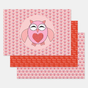 Feuille De Papier Cadeau Chouette de coeur rose personnalisée