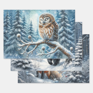 Feuille De Papier Cadeau Chouette des bois sérène forêt hivernale faune