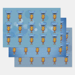 Feuille De Papier Cadeau Chouettes Abstraites en Whimsical Yeux Bleus Plume
