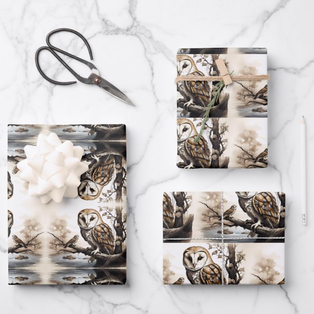 Feuille De Papier Cadeau Chouettes mignonnes assis sur une branche d'arbre (Recto)