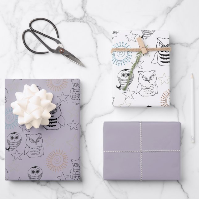 Feuille De Papier Cadeau Chouettes nocturnes violettes de lavande (Recto)