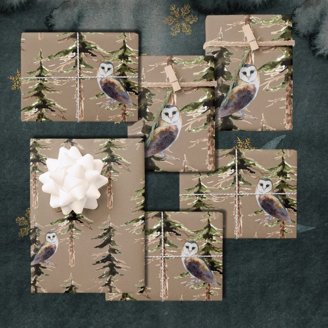 Feuille De Papier Cadeau Chouettes Rustiques Kraft Dans Une Forêt Boisée (Créateur téléchargé)