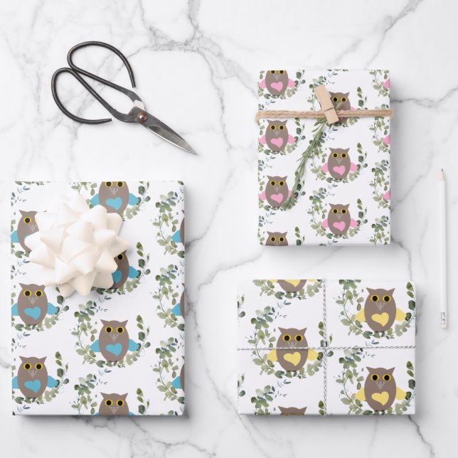 Feuille De Papier Cadeau Chouettes vertes d'Eucalyptus (Recto)